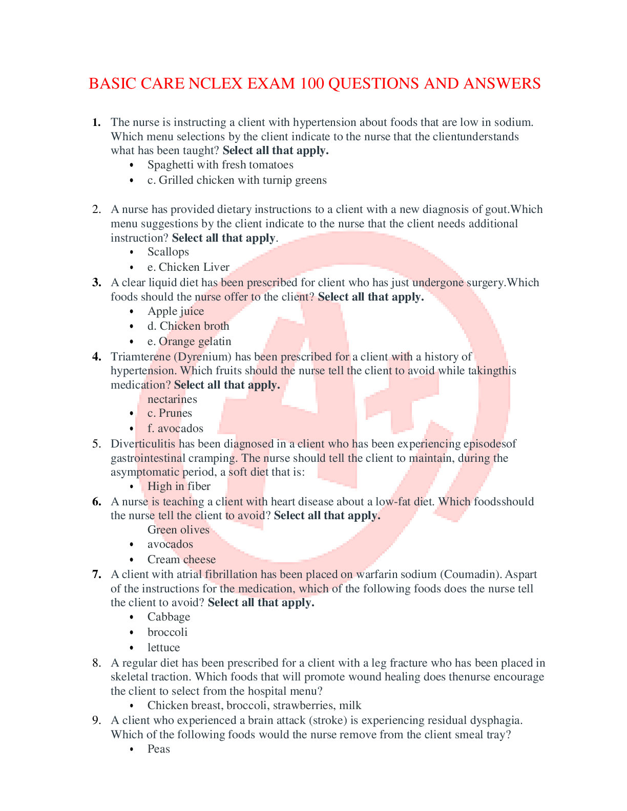 Preview image for BASIC CARE NCLEX EXAM 100 QUESTIONS AND ANSWERS